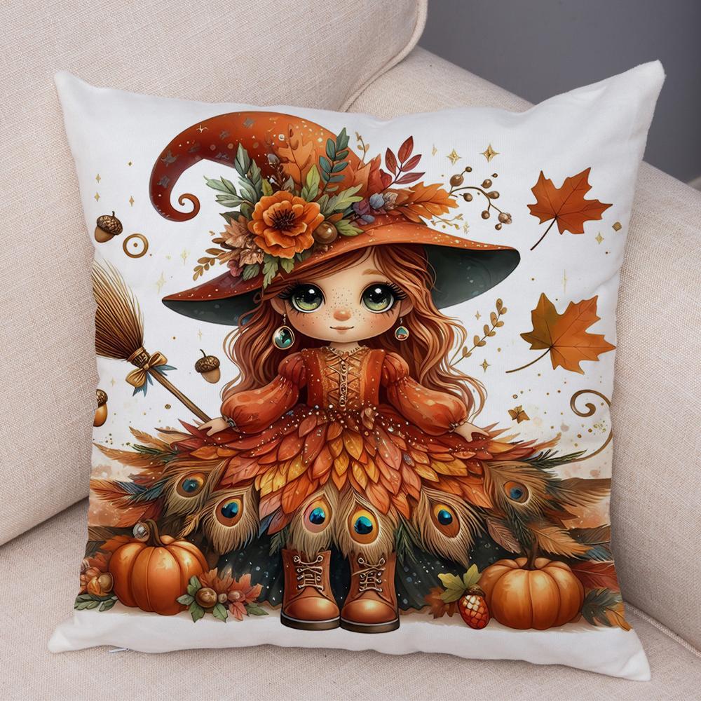 Cartoon Autumn Maple Leaves Girl Cushion Cover Print Cute Children Pillowcase Decor Pillow Case For Sofa Home