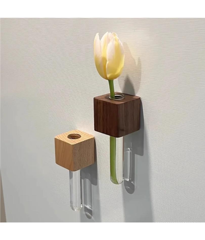 Wooden Test Tube Vase Refrigerator Magnet Hydroponic Plants Propagation Vase Planter Home Kitchen Locker Fridge Decoration