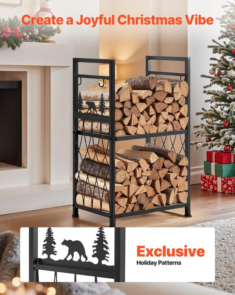Indoor Firewood Rack, 45.5cm 2-Tier Firewood Holder with Fireplace Tools, Brush, Shovel, Poker, Tongs, Heavy Duty Log Wood Rack, 400 Lbs Weight
