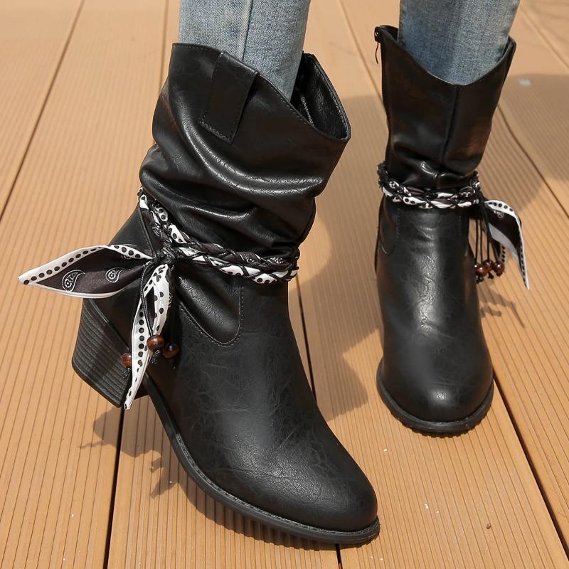 Women'S Western Boots Autumn And Winter Side Zipper High Heels Short Boots Retro Pointed Toe Chunky Heels Ankel Boots For Women