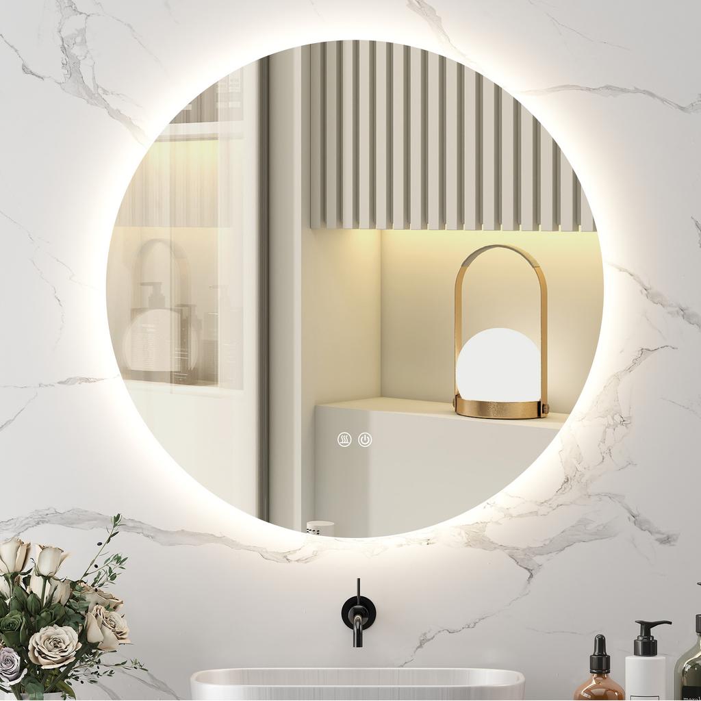 Bathroom Mirror with Adjustable LED Lights, Touch Switches and Anti-fog Design, Ø80 cm