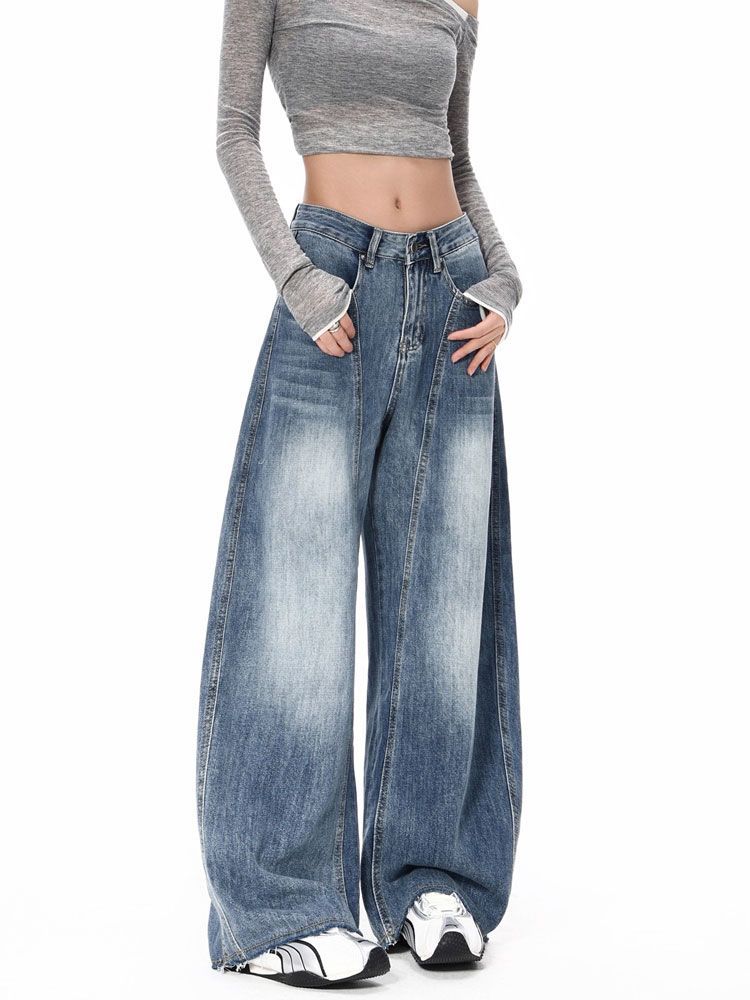 American wide-leg jeans women's autumn and summer new Spice Girl sickle rough edge large size high waist drape loose scimitar pants