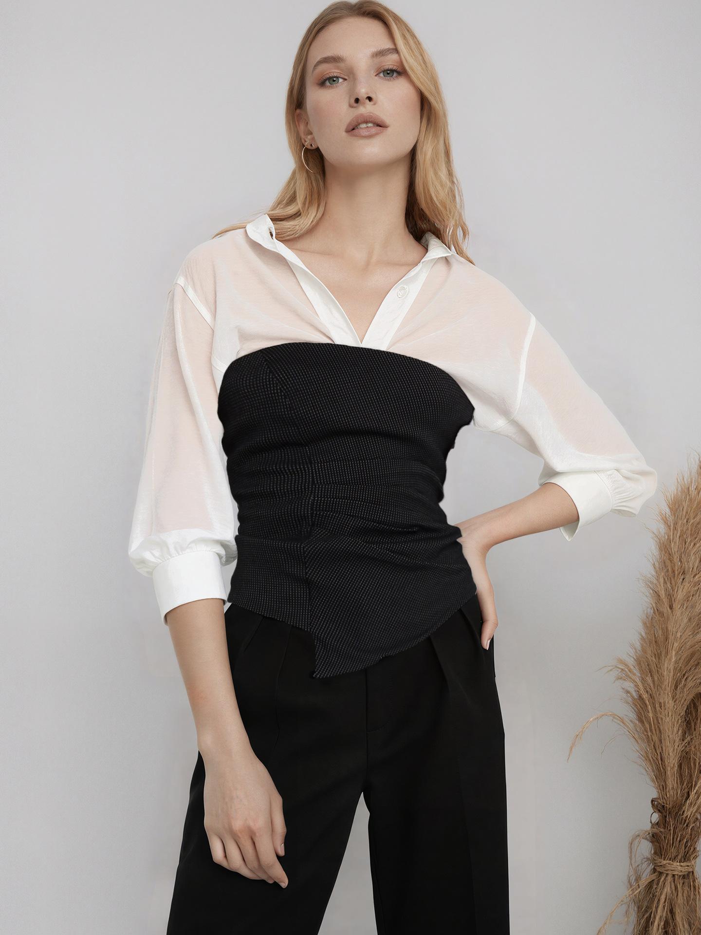 European and American white lapel crepe long-sleeved splicing waist shirt women s French temperament niche top S
