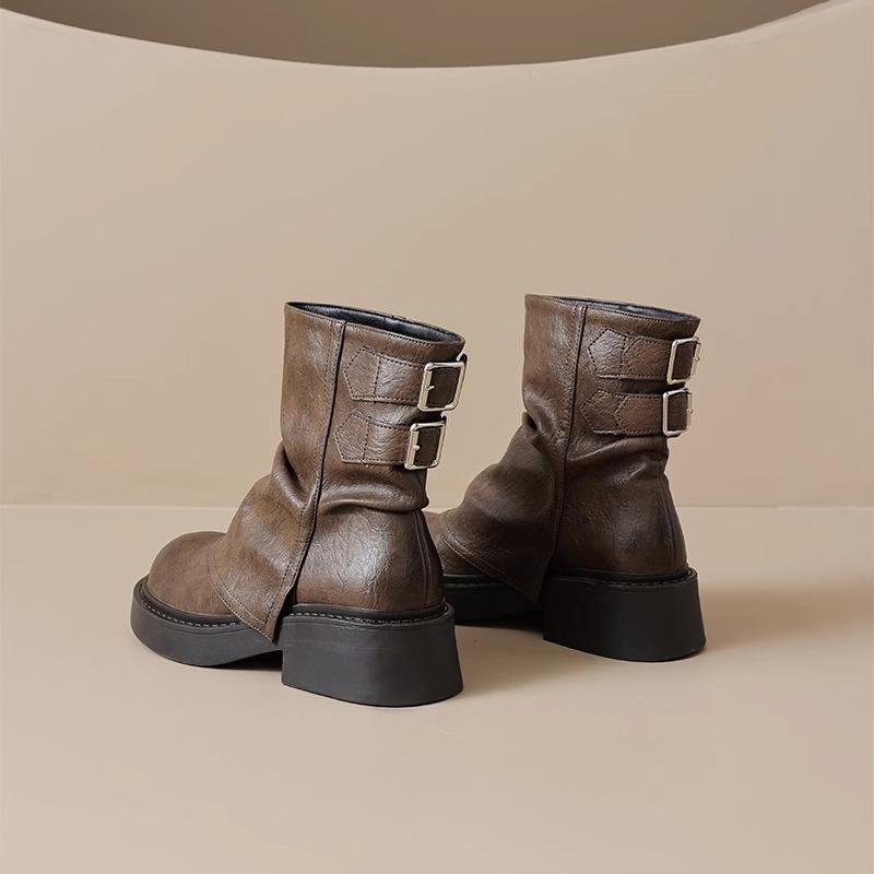New pleated stacked boots pant tube boots soft leather thick-soled Martin boots versatile brown short boots women