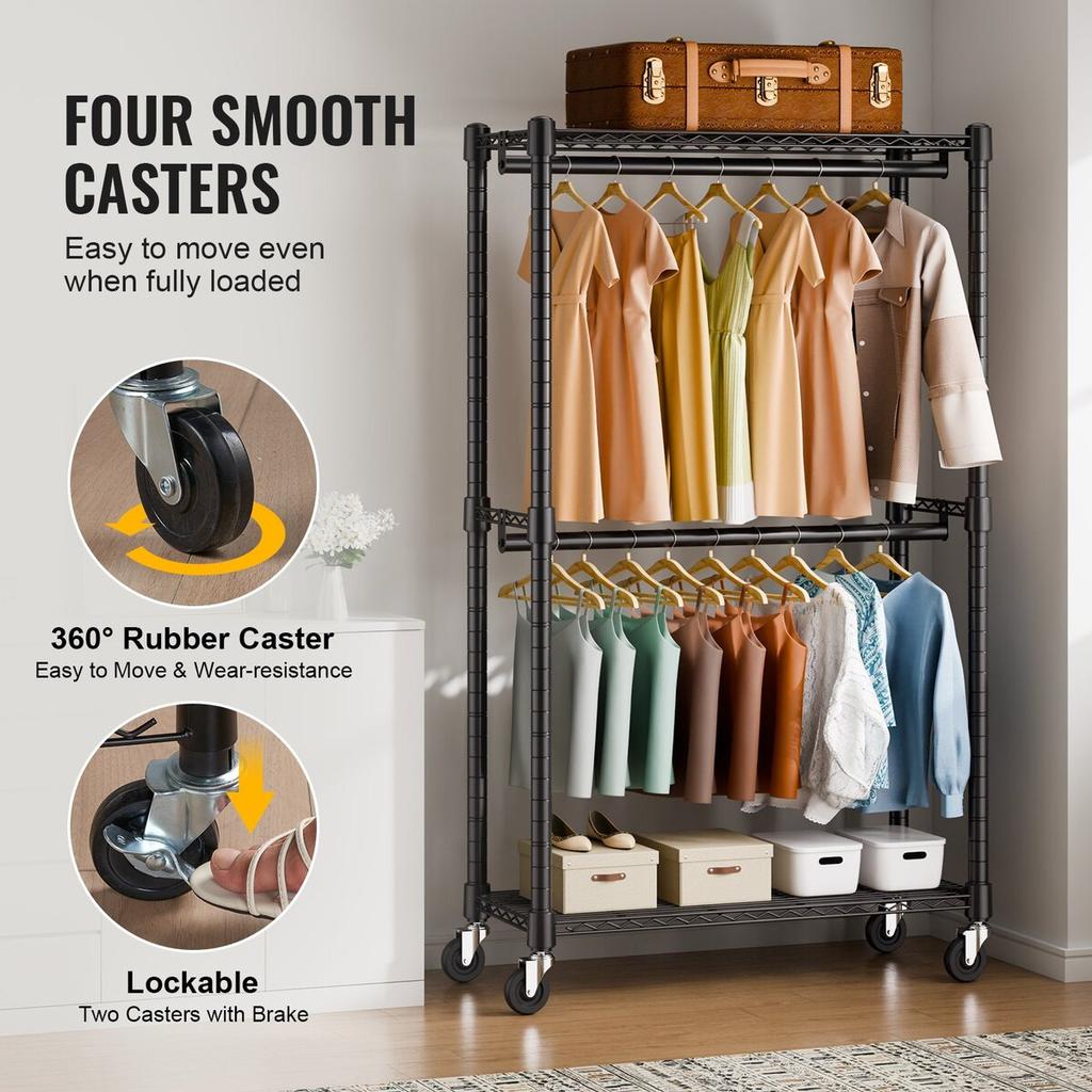 Heavy Duty Clothes Rack, Double Hanging Rods Clothing Garment Rack with Bottom and Top Storage Tier, Rolling Clothing Rack for Hanging Clothes, 1''