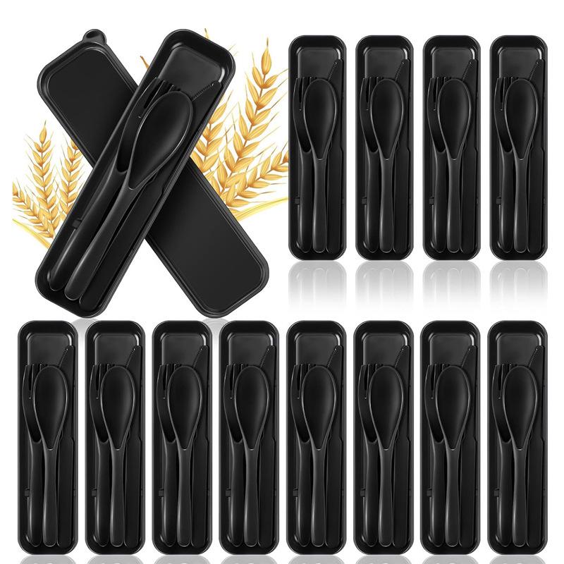 Black Wheat Straw Outdoor Cutlery Set: Portable Knife, Fork, Spoon Trio.