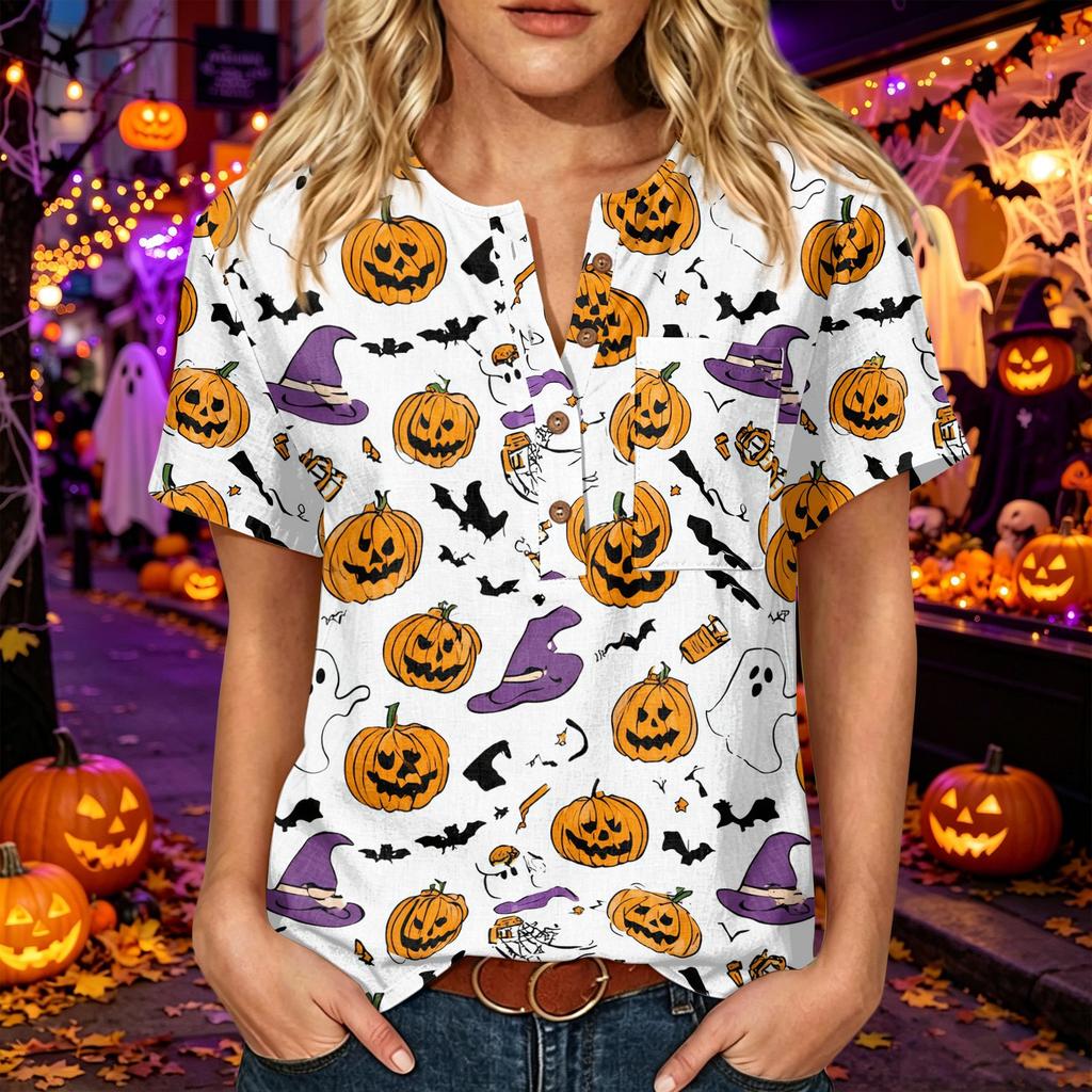 Women's Casual Halloween Print V Neck Short Sleeve Button Detail Three Quarter Sleeve T Shirt Top for Everyday Wear
