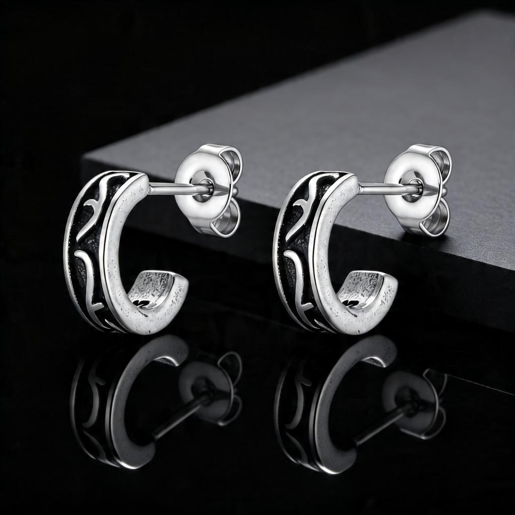 Punk Hip-Hop Geometric Textured Stud Earrings for Men, Hypoallergenic Metal Retro Earrings, Fashion Piercing Jewelry Gifts