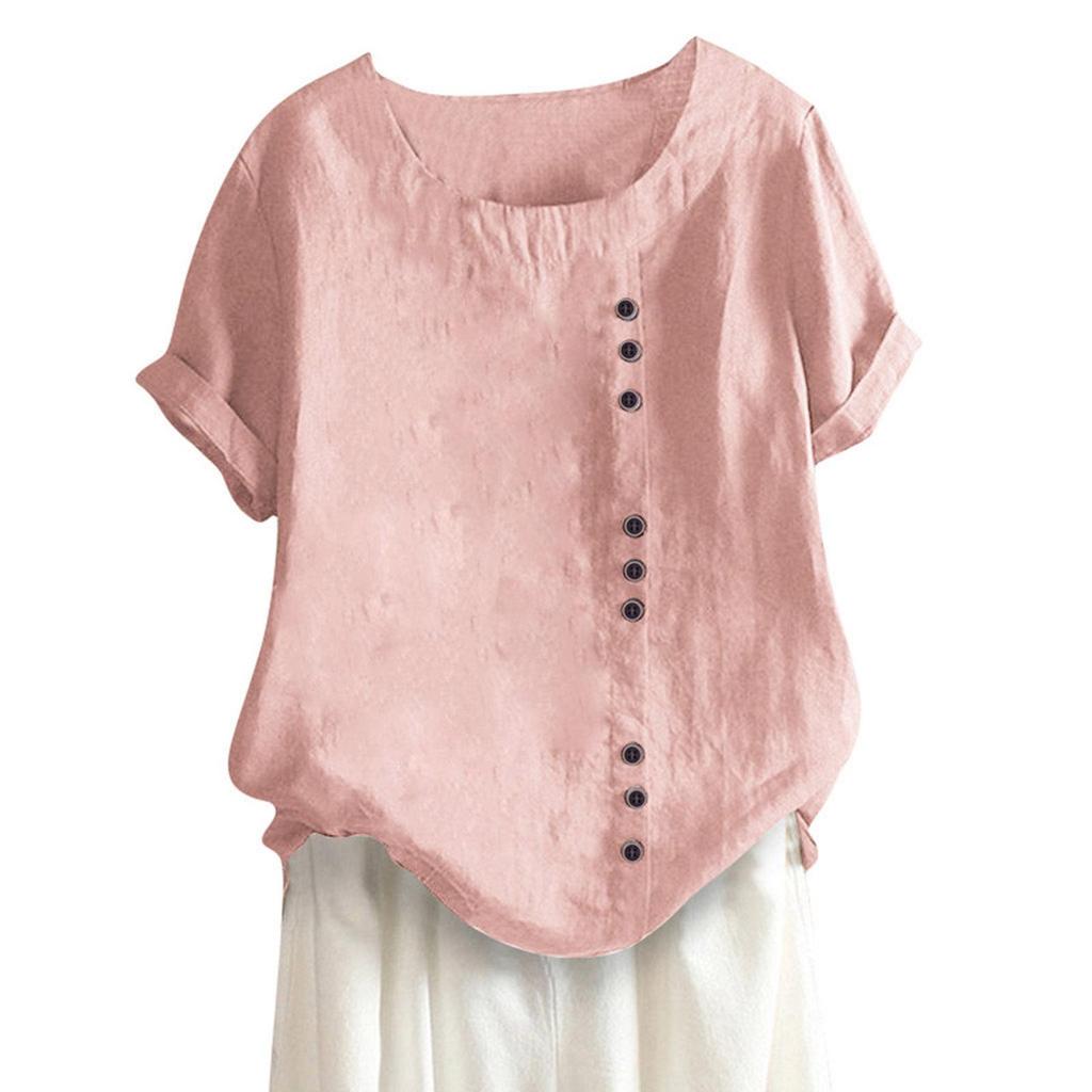 2024 Women's European & American Fashion Short Sleeve Casual Cotton Linen Top with Button Detail