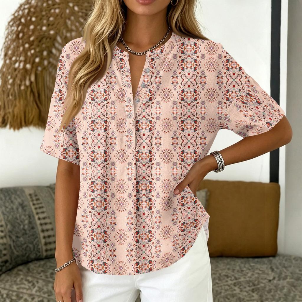 Damenmode Bedrucktes V-Ausschnitt-Shirt Kurzarm Pullover Top Leichte Lässige Bluse für den Alltag