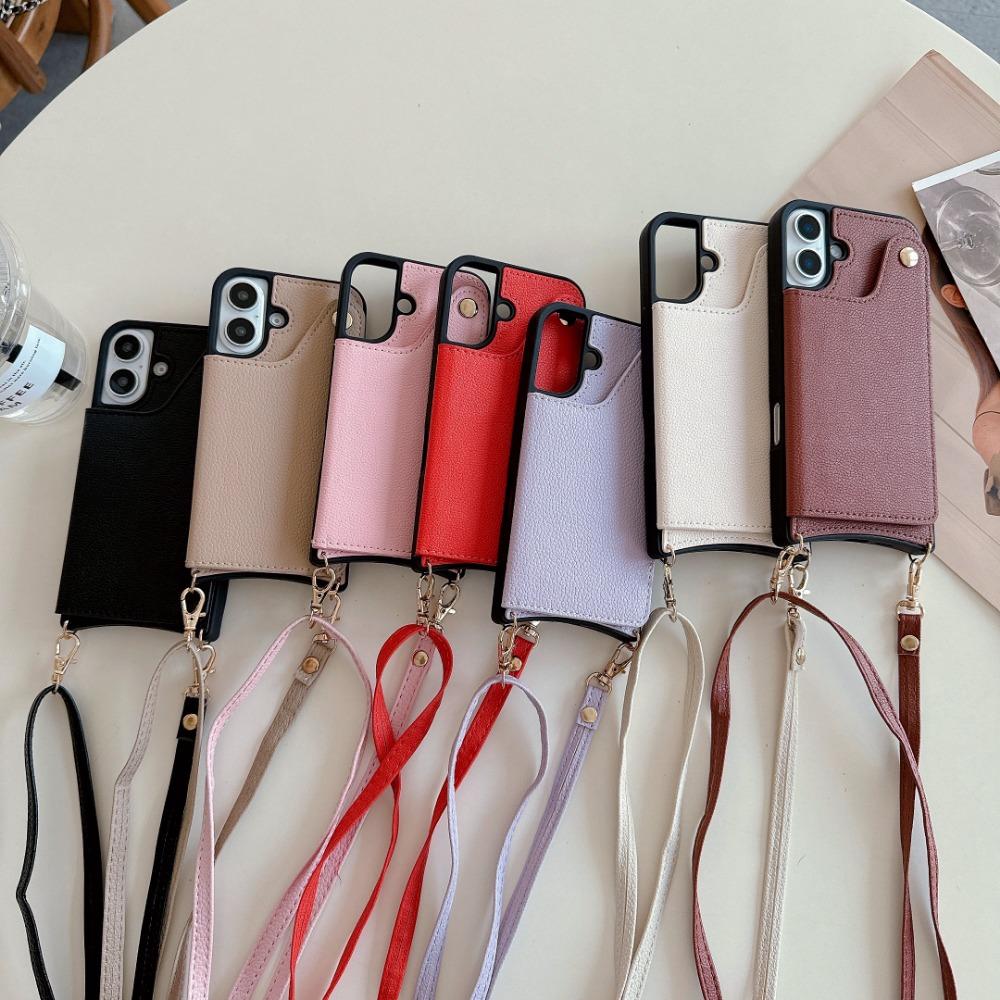 Mirror Crossbody Rope Phone Case for IPhone 16 15 Plus 14 13 12 11 Pro Max X XR 7 8 Wallet with Card Holder Leather Flip Cover