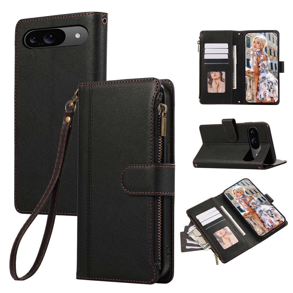 For Google Pixel 9/Pixel 9 Pro Case Multi Card Slots Zipper Leather Phone Cover with Wrist Strap