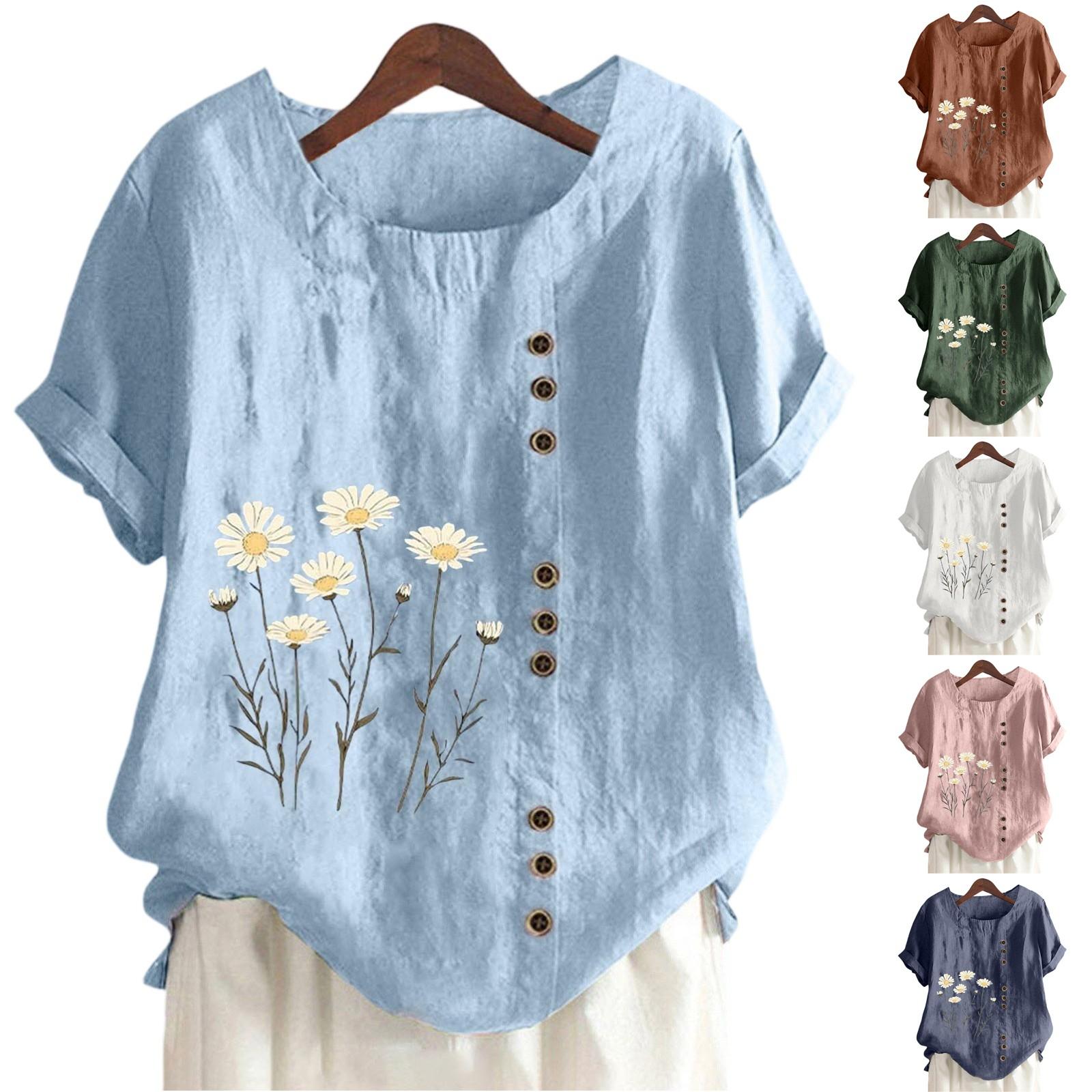 

Жіноча Мода Повсякденна Футболка Топ з Круглим Вирізом та Коротким Рукавом з Бавовни та Льону з Принтом XXL білий