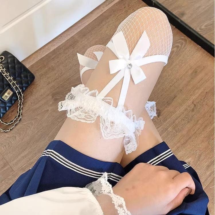Red edge black fake suspenders knee stockings sexy Internet celebrity lace bow thigh socks sex stockings