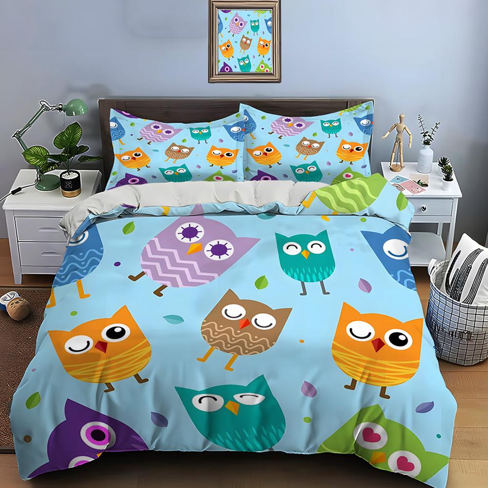 Cartoon Owls With Colorful Background Bedding Set 1 Duvet Cover 2 Pillowcases For Adult And Children Luxury Gift Full Size