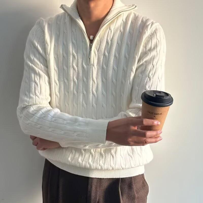 Mens Half Zip Turtleneck Sweater Loose Fit Casual Knit Top White Basic Style