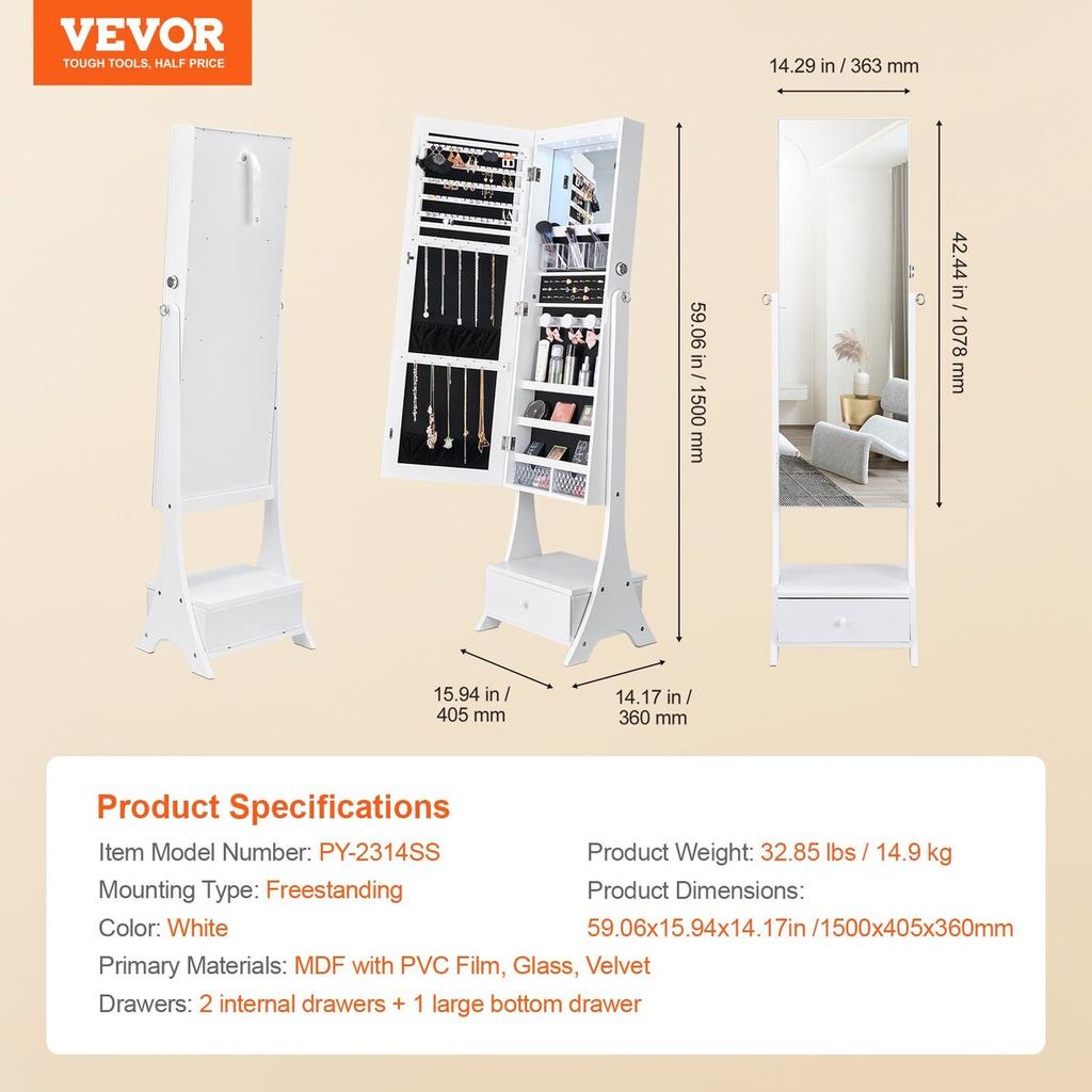 Mirror Jewelry Cabinet Standing Mirror with Storage Full Length White