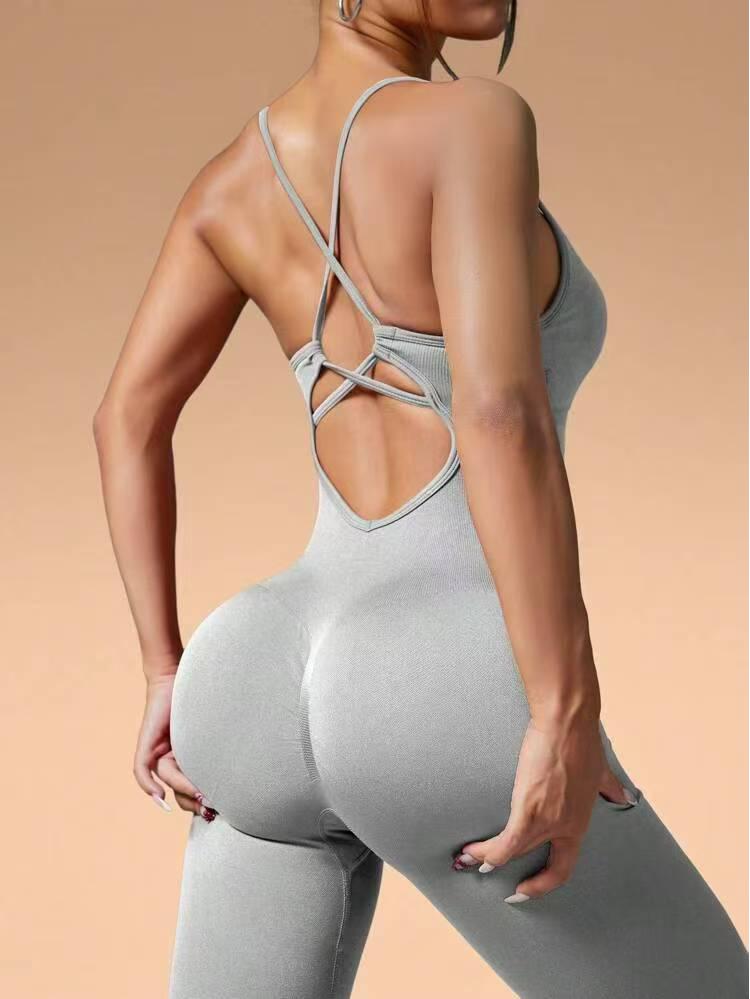 Women's Seamless Cross-Back Jumpsuit with Adjustable Straps for Fitness and Dance