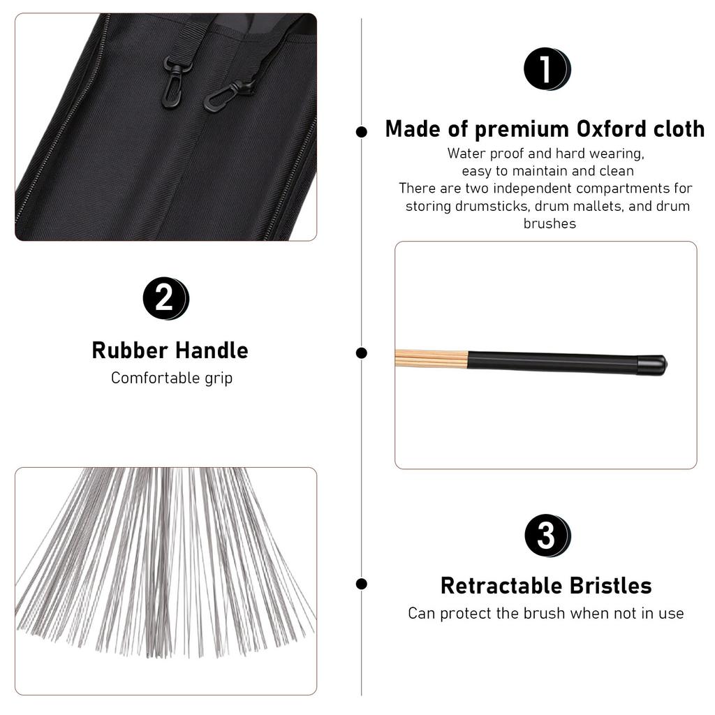 Bamboo Bundle Drumsticks Drumstick Set 5 Pairs Drum Sticks Mallets Brushes with Oxford Cloth Bag for Practice Performance