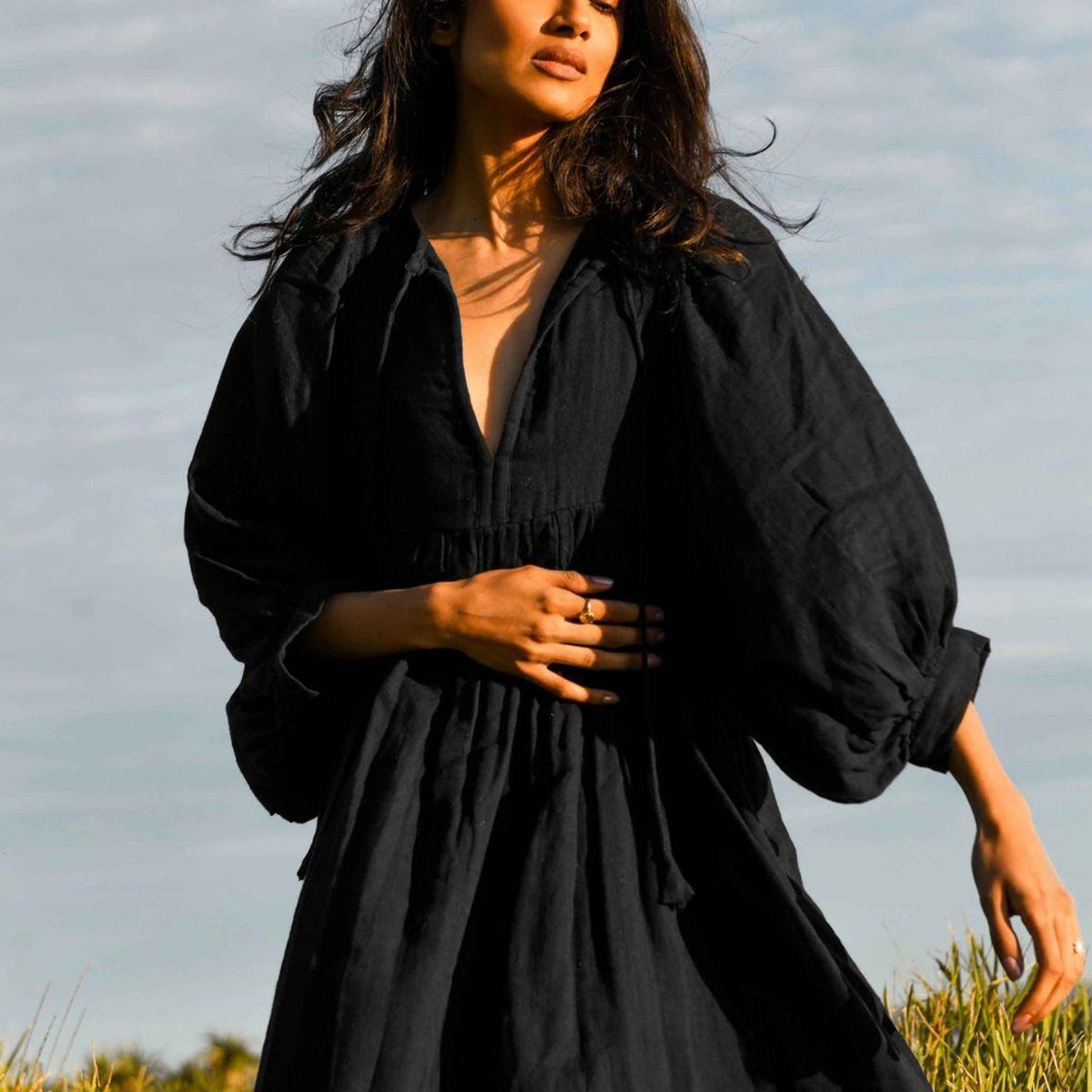 

Осеннее женское платье большого размера, свободное, с длинными рукавами, рукавами-фонариками, повседневное винтажное однотонное длинное платье XL чёрный