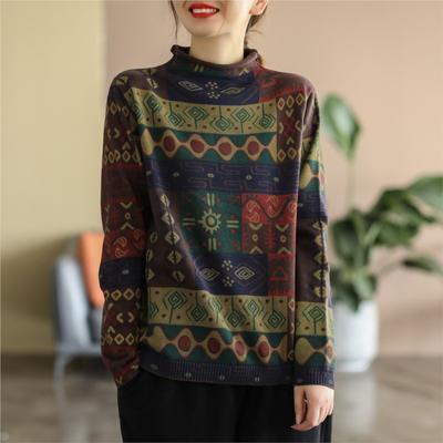 Women Vintage Knitted Cotton Pullover Sweaters Long Sleeve Mock Neck Loose Casual Clothes Autumn Women Sweaters