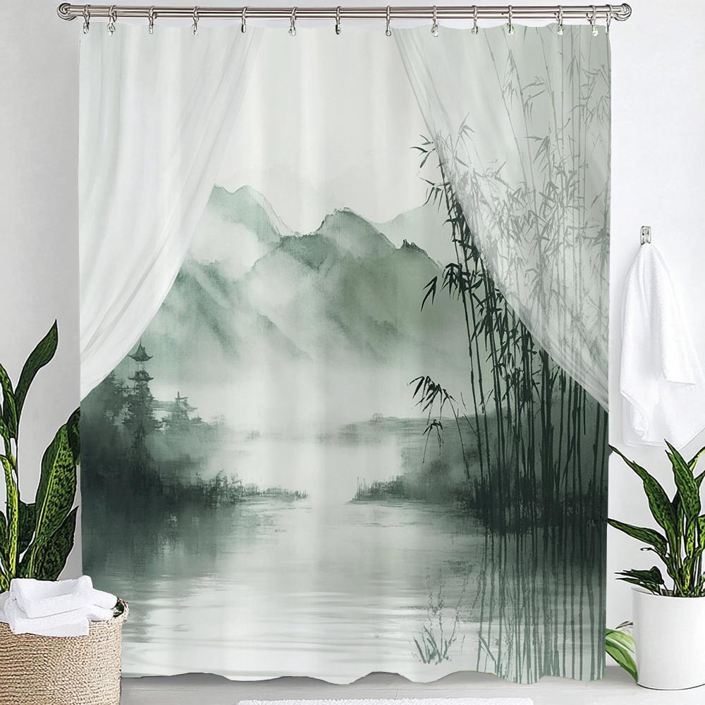 

Chinese Ink Bamboo Forest Landscape Shower Curtain Partition Privacy Hanging Curtain With Hooks Multiple Size Machine Washable W60H190(CM)-1 Pcs