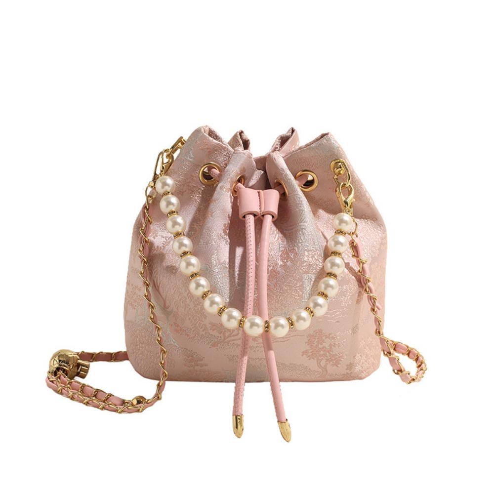 

Portable Embroidery Bucket Bag Adjustable Chain Floral Shoulder Bags Parties розовый