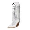 Fashion Ivory Rose Color Pointed Toe Western Cowboy Boots with Sequins Fringes Chunky High Heels Knee-high Glitter Mid-calf Boot Shoes
