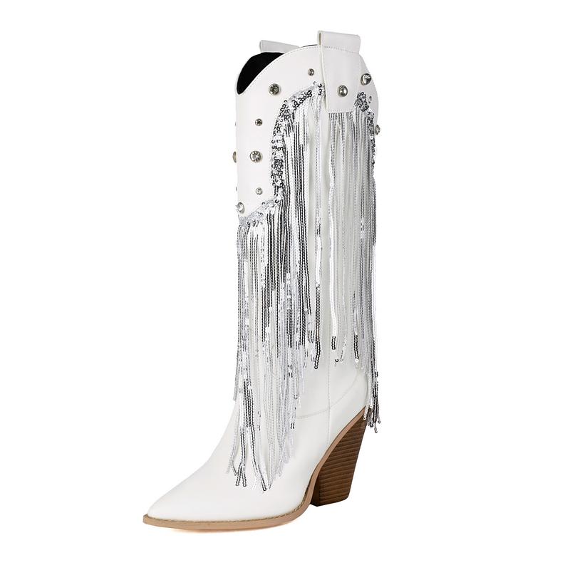 Fashion Ivory Rose Color Pointed Toe Western Cowboy Boots with Sequins Fringes Chunky High Heels Knee-high Glitter Mid-calf Boot Shoes