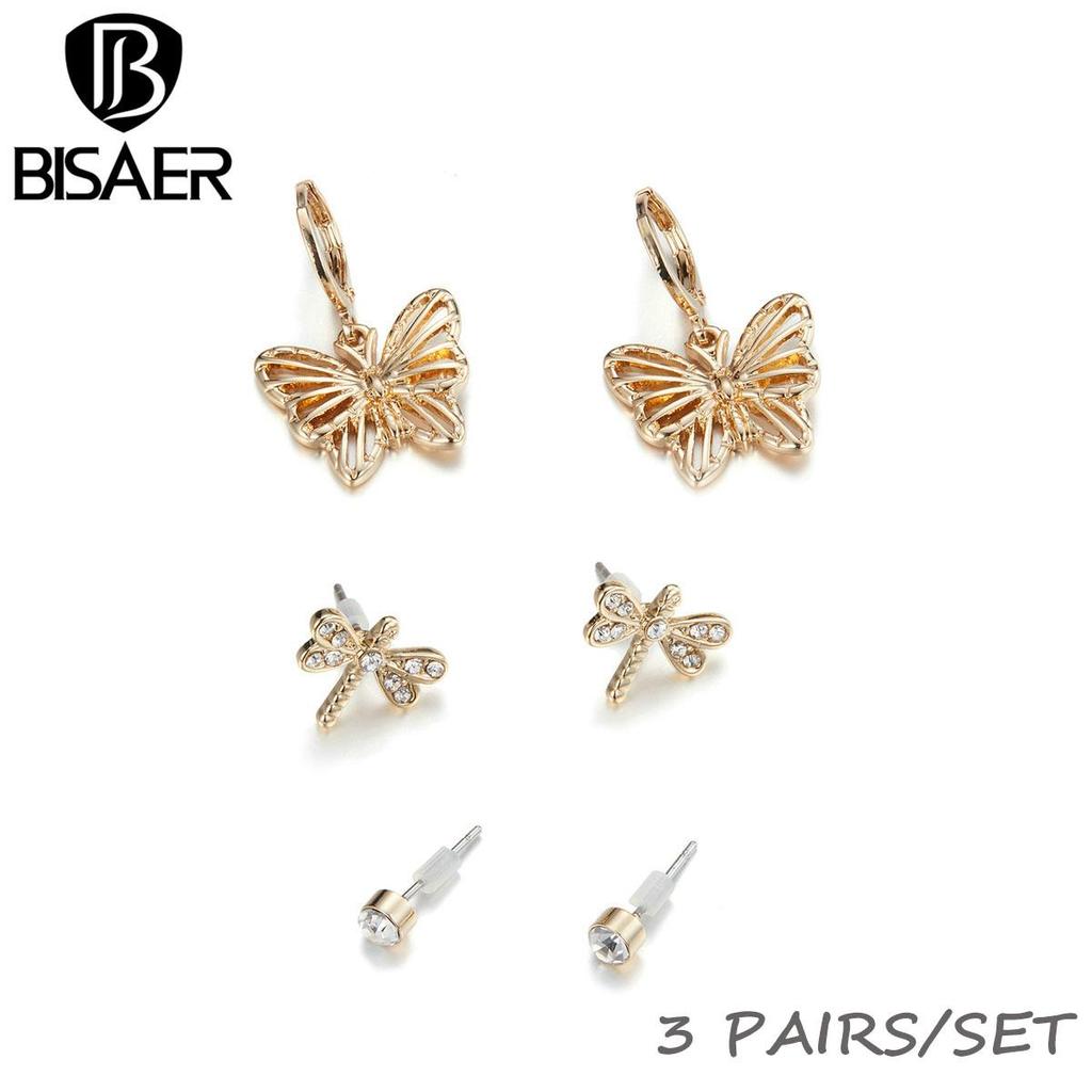 Bisaer Exquisite Butterflies & Dragonflies 3 Pair of Stud Earring Set for Women Fashion Jewelry