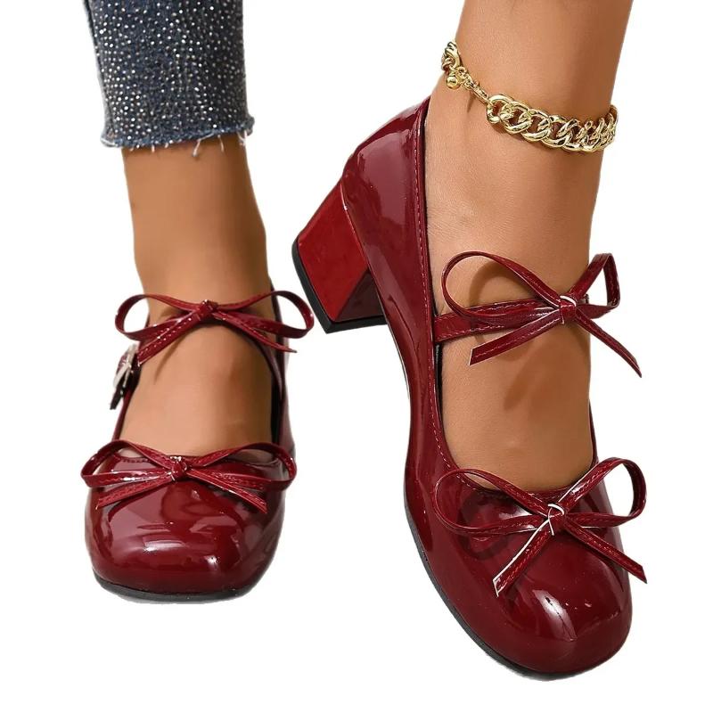French Butterfly Knot Mary Jane Single Shoes Women's Chunky Heel Elegant Versatile Skirt Matching Small Leather Shoes