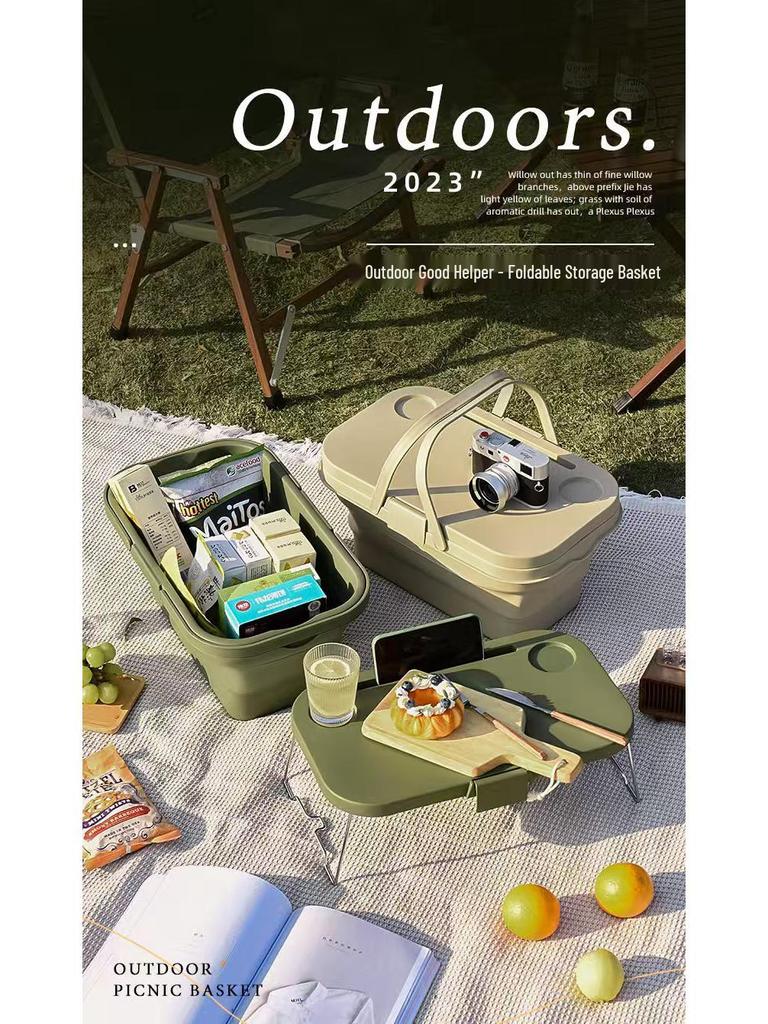 Tragbarer faltbarer Picknickkorb mit Tischplatte und Wassereimer für Outdoor-, Camping-, Strand- und Frühlingsausflüge.