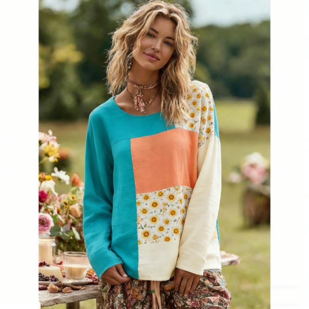 Europe America Fashion Splicing Colors Women's T-shirt Pullover Bohe Style Women Long Sleeve Clothing Outdoor Casual Tees Top