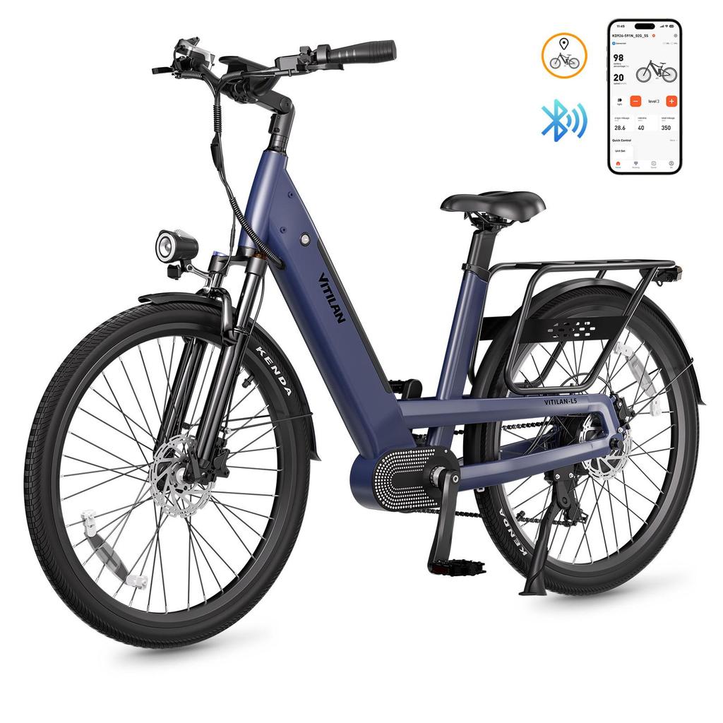 Electric Bicycle Vitilan 26" 500W Motor City Ebike 48V 15AH Max Range 90Km Load 150Kg APP Connection 7 Speed L5