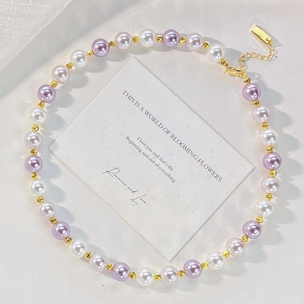 Haute Couture Design Mixed Color Purple And White Artificial Crystal Pearl Necklace Collarbone Chain