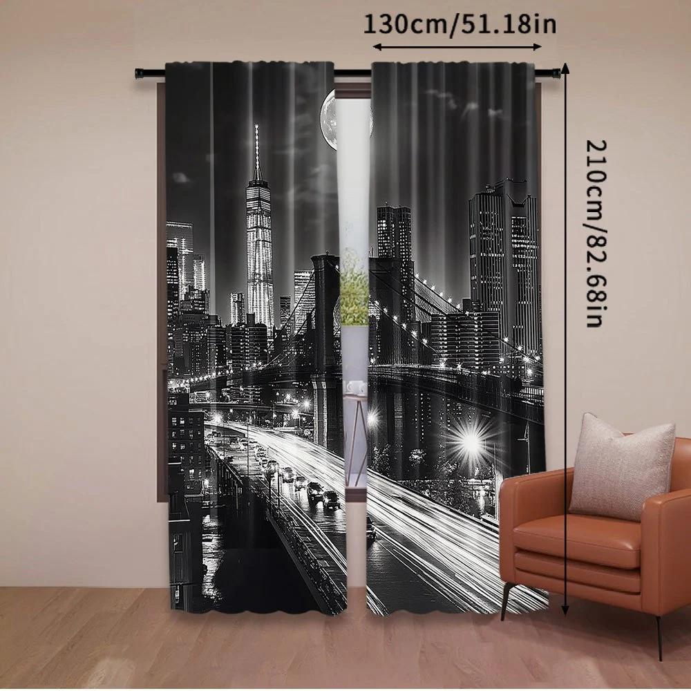 2pcs New York City Night Scene Printed Curtains, Pole Bag Curtains, Bedroom and Living Room, Home Decoration, Room Decoration