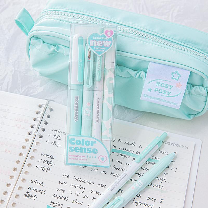 4pcs Color Sense Writing Pens Set Cream Highlighter Black Gel Ink Pen Marker Liner