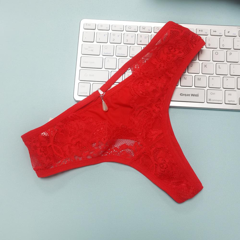 Women Low‑Rise Floral Lace Thong T‑back Panties Thin Side Strap Pearl Pendant Decor Hollow‑out Sheer Sexy Ladies Lingerie Underwear