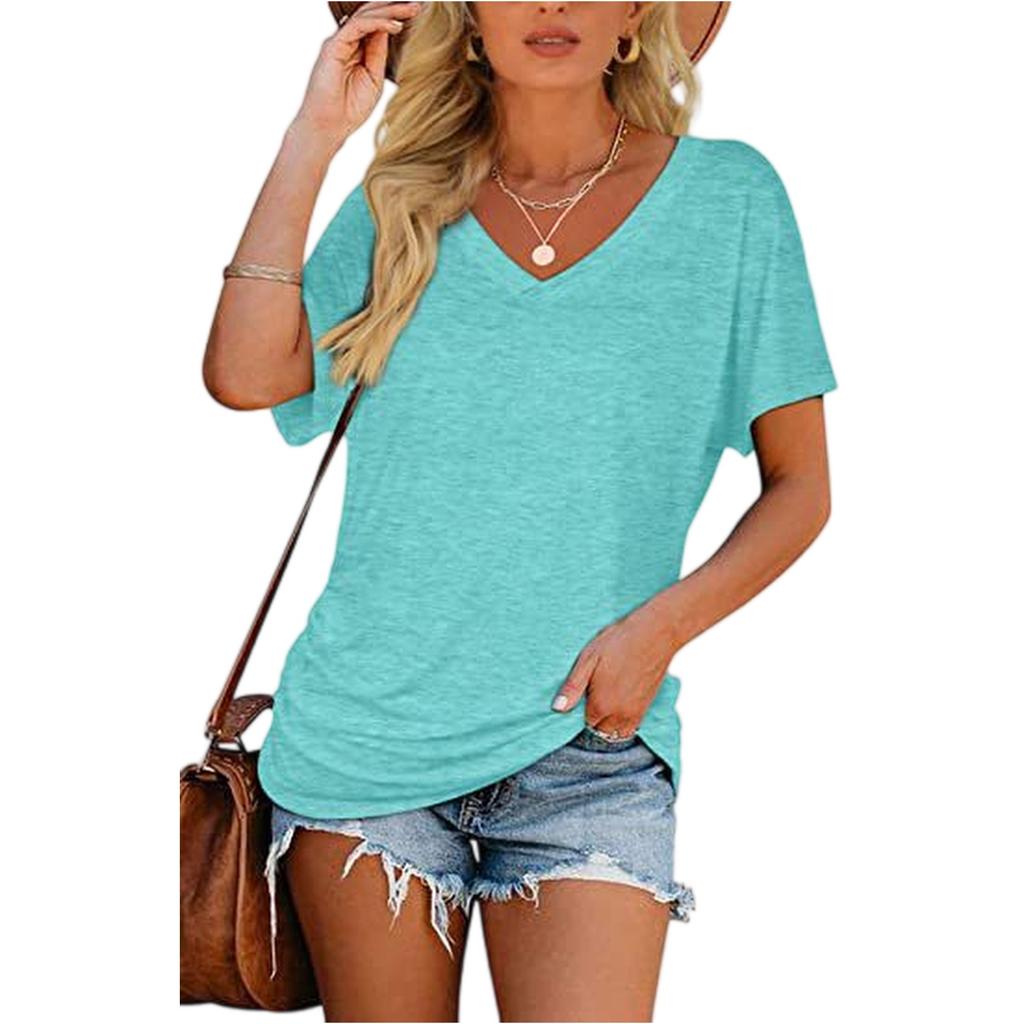 Damen Kurzarm V-Ausschnitt Oberteile mit seitlicher Raffung Bluse T-Shirt