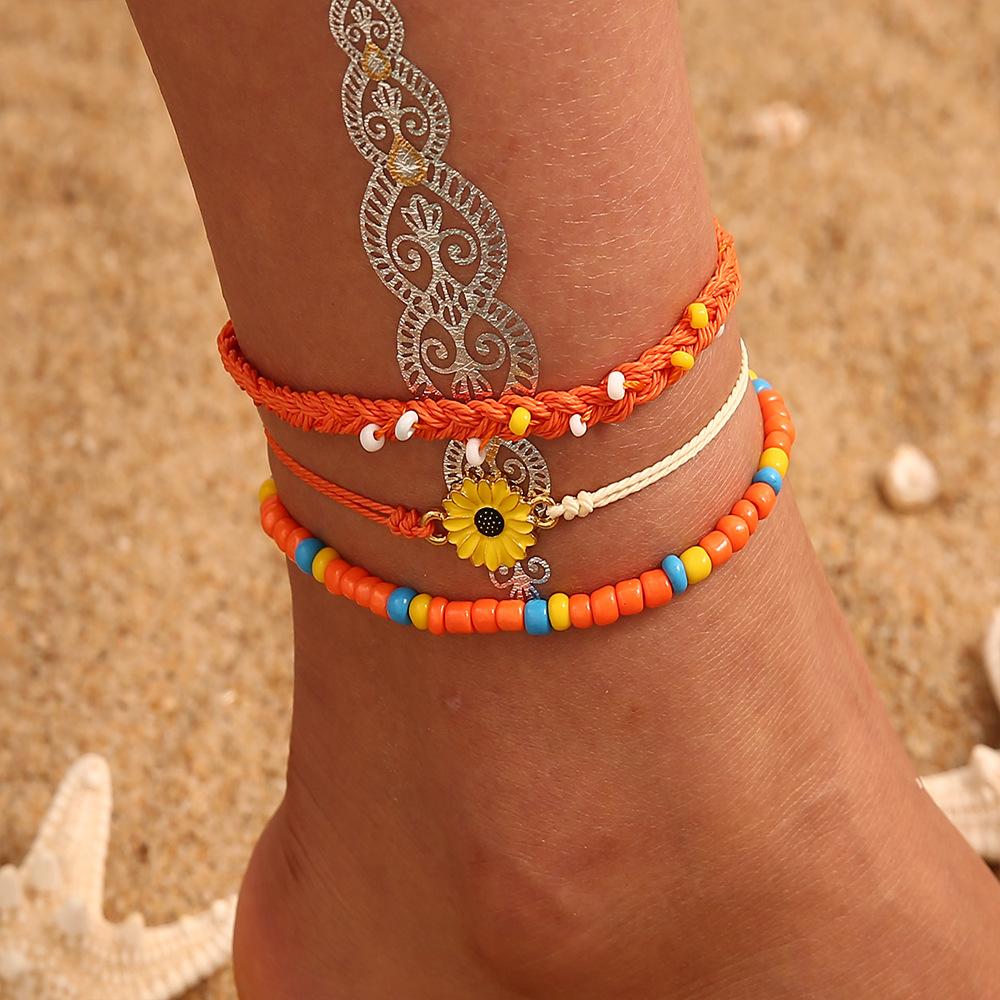 Bohemian Retro Wax Rope Mixed Color Woven Turquoise Sunflower Handmade String Mixed Color Rice Bead Multi-Layer Anklet