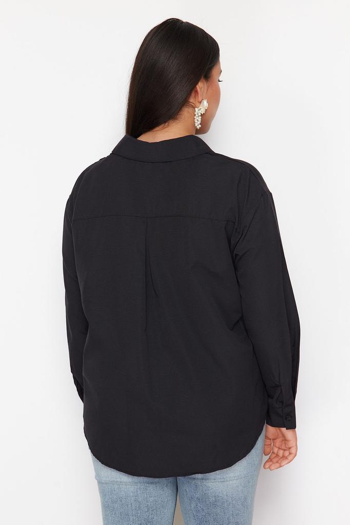 Women's Style Plus Size Shirt Black Large Size Stone Embroidered Poplin Woven Shirt