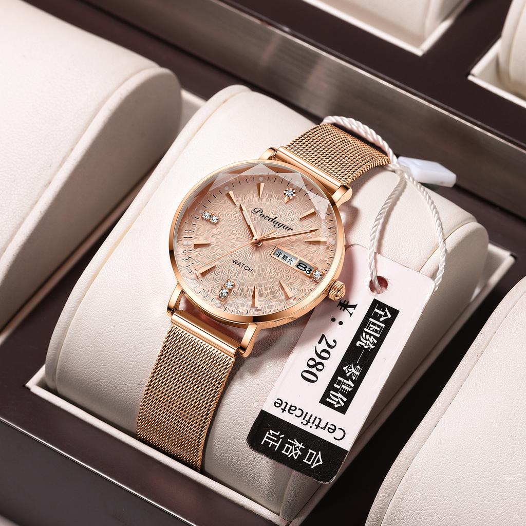Women Watches High Quality Japan Quartz Fashion  Stainless Steel Mesh Simple Rhinestones Rose Gold Ladies Watch