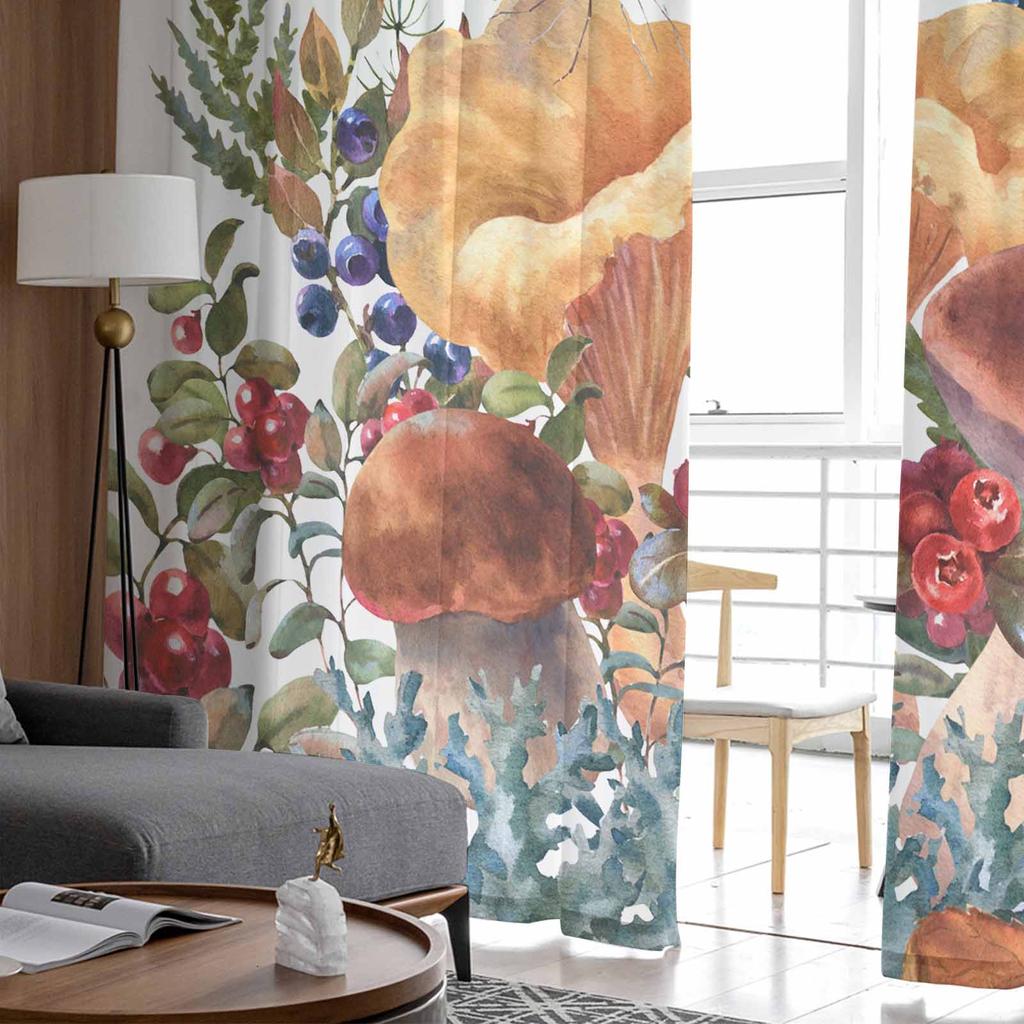 Retro Mushroom Fern Plant Fruit Pine Cone Autumn Sheer Curtains for Kids Bedroom Living Room Voile Window Curtains Tulle Drapes