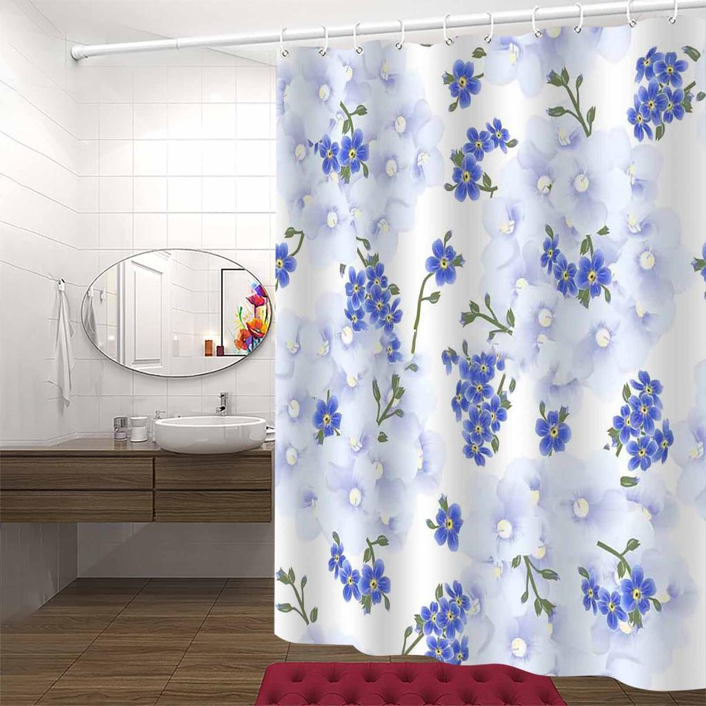 JIT1pcs Nordic Fresh and Simple Blue Floral Shower Curtain, High-end Elegant Bathroom Curtain, Bathroom Decoration Pattern