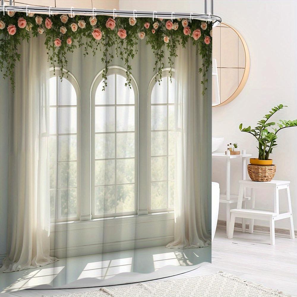 

1Pc Pink Roses Shower Curtain - White-Framed Windows, Green Vines, Sheer Glow, 70X70 , 12 Hooks, Polyester, Washable W60H190(CM)-1 Pcs
