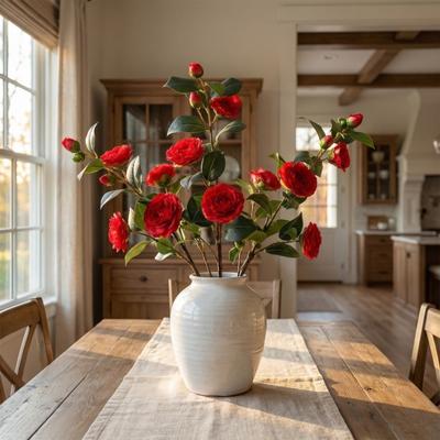 Grünes Blatt Künstliche Kamelienblüte Real Touch Handgefertigt Kunstblumen Zweig Luxuriöse Künstliche Simulationsrose Hochzeitsparty
