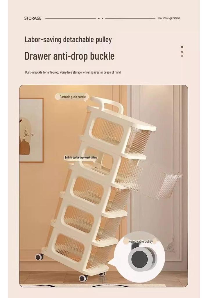 Movable Floor-Standing Baby Toy Storage Rack with Snack and Cream Style Shelves