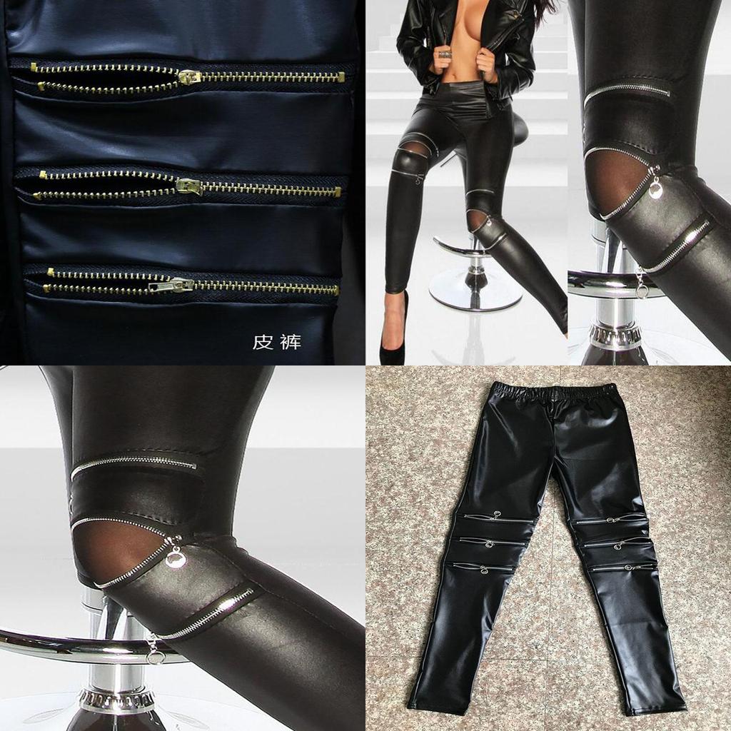Classical Fit Slim Sexy Three Zipper Bright Leather Stretchy Leggings Pants