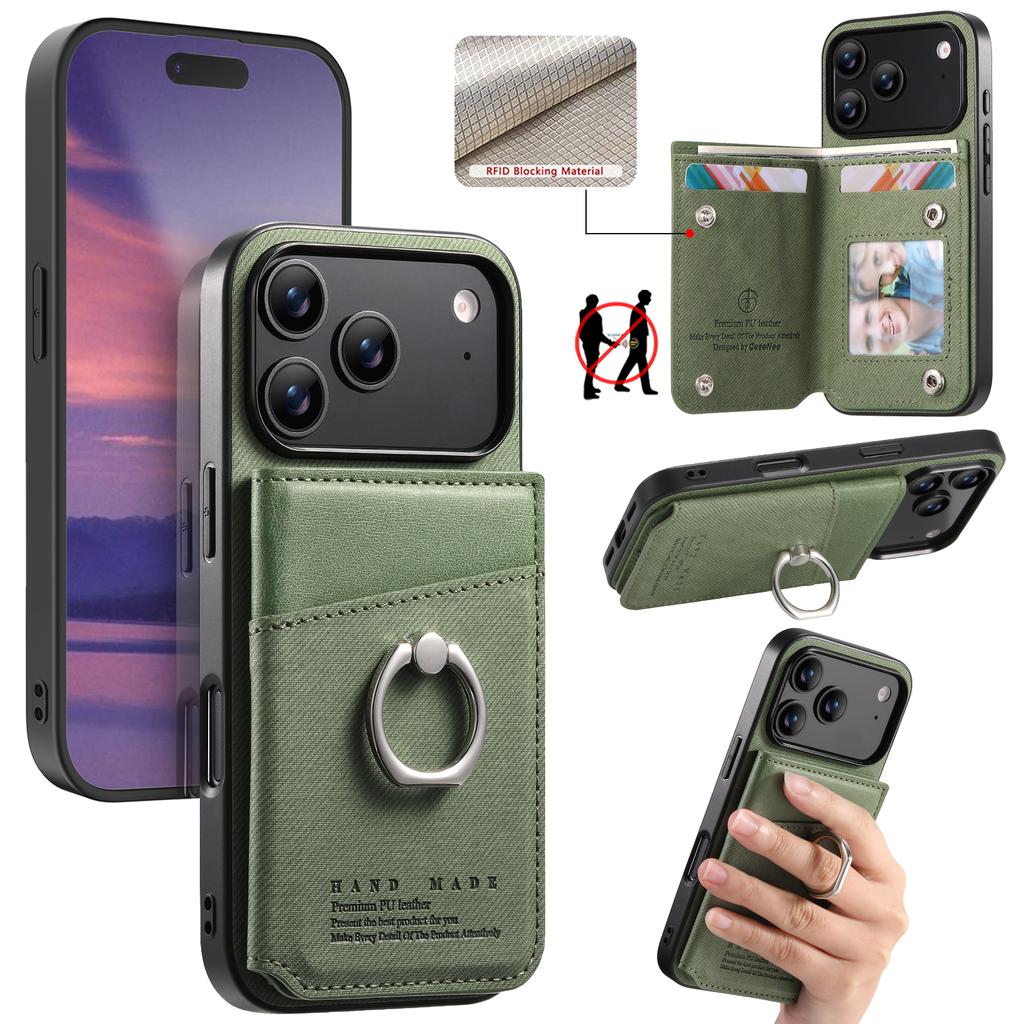 For iPhone 17 Pro Case with Card Holder Kickstand Leather + TPU + PC Phone Cover