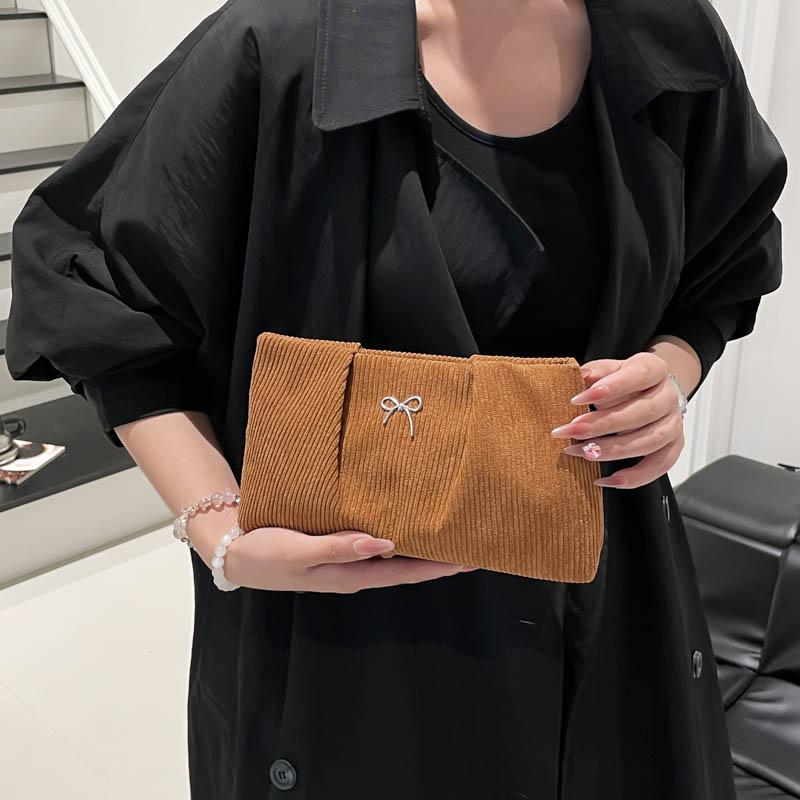 Yogodlns Fashionable Ins Embroidered Butterfly Knot Women's Clutch City Simple Style Corduroy Small Solid Color Purse